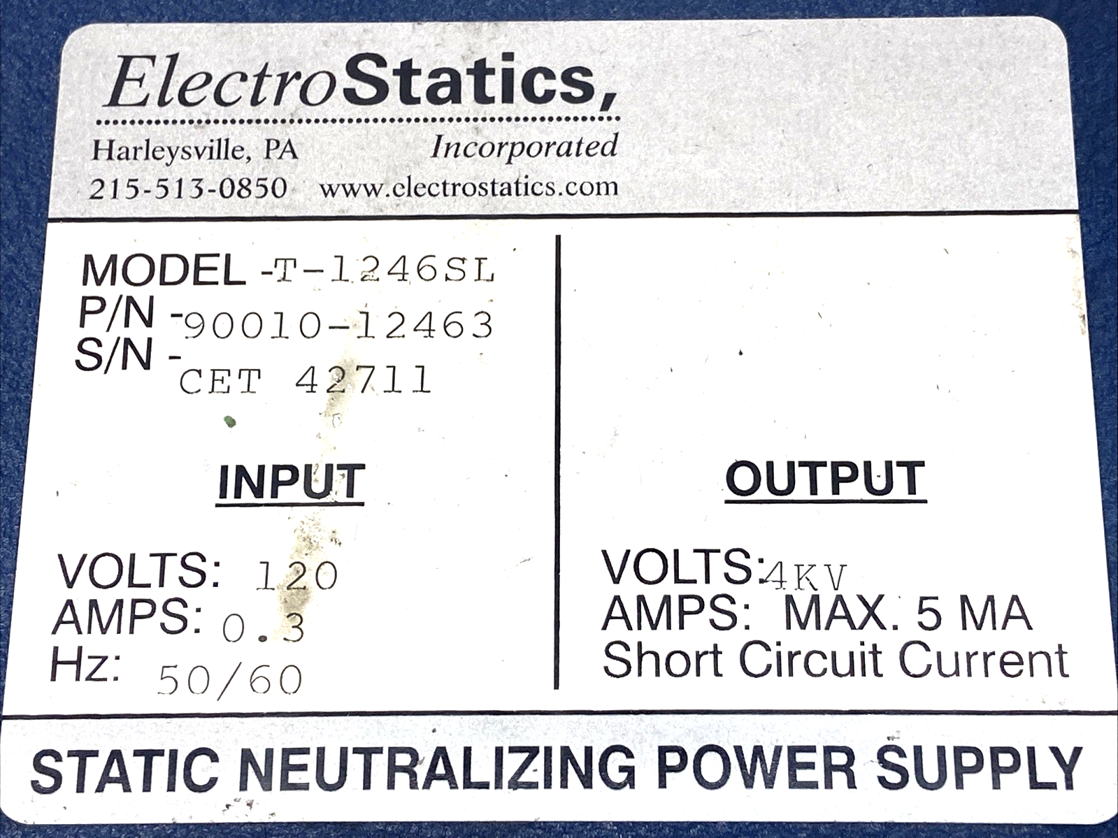T1246SL | ElectroStatics Static Neutralizing Power Supply w/ Gun Attachment - Used - Maverick Industrial Sales