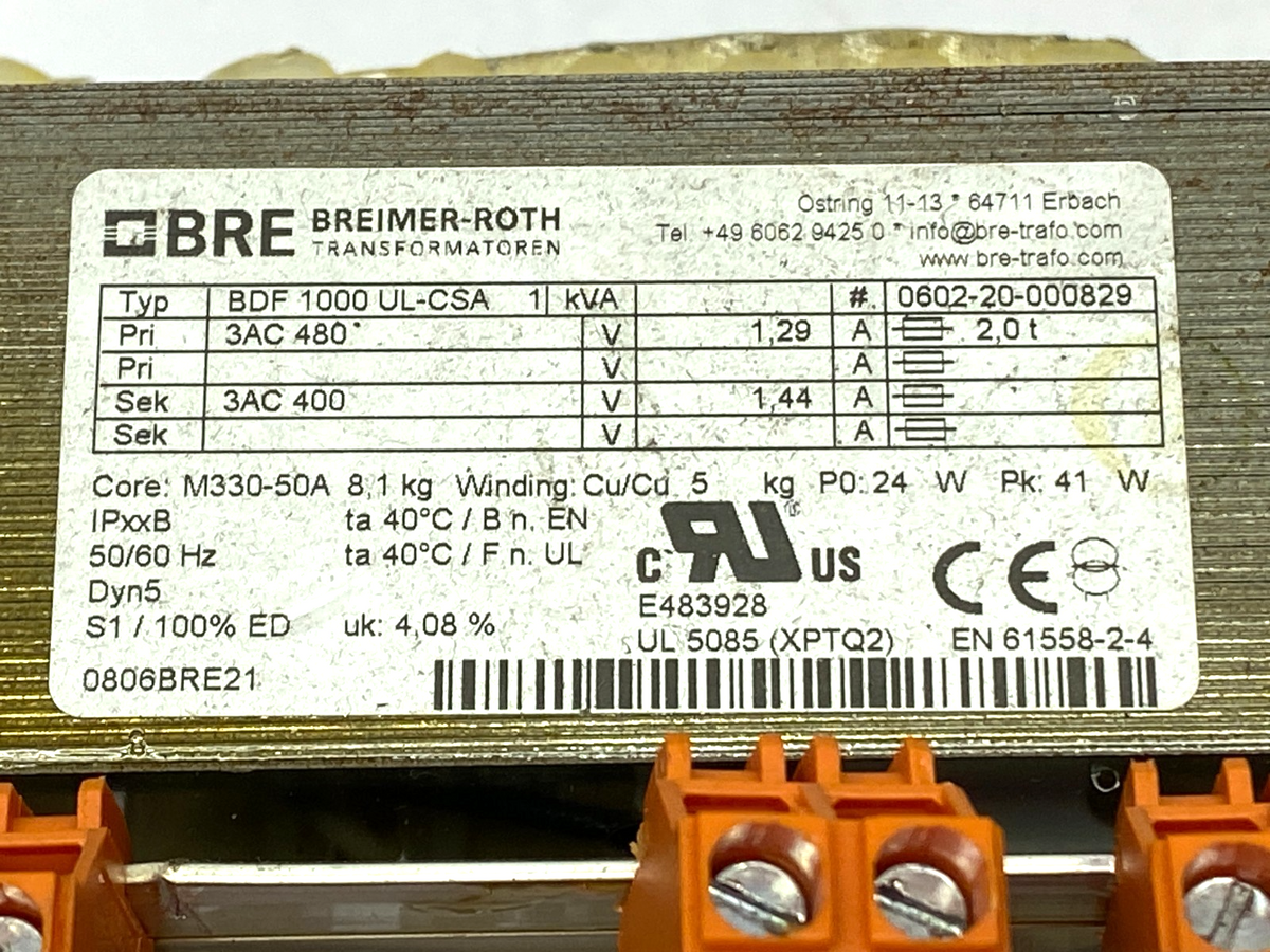 0602-20-000829 | Breimer-Roth Transformer 3-Phase 1kVA BDF 1000 UL-CSA - Used - Maverick Industrial Sales