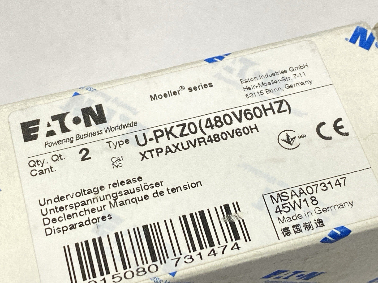XTPAXUVR480V60H | Eaton U-PKZ0(480V60HZ) Undervoltage Release 073147 LOT OF 2 - New – Open box - Maverick Industrial Sales