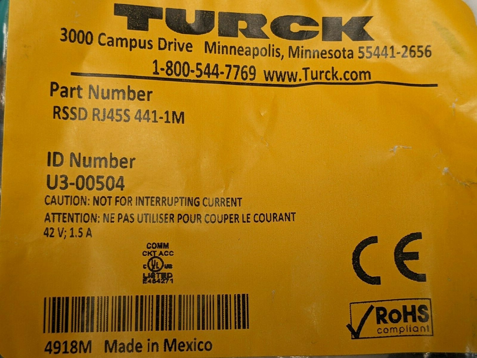 RSSD RJ45S 441-1M | Turck Double Ended Cordset M12 to RJ45, 1m, Eurofast U3-00504 - New - Maverick Industrial Sales
