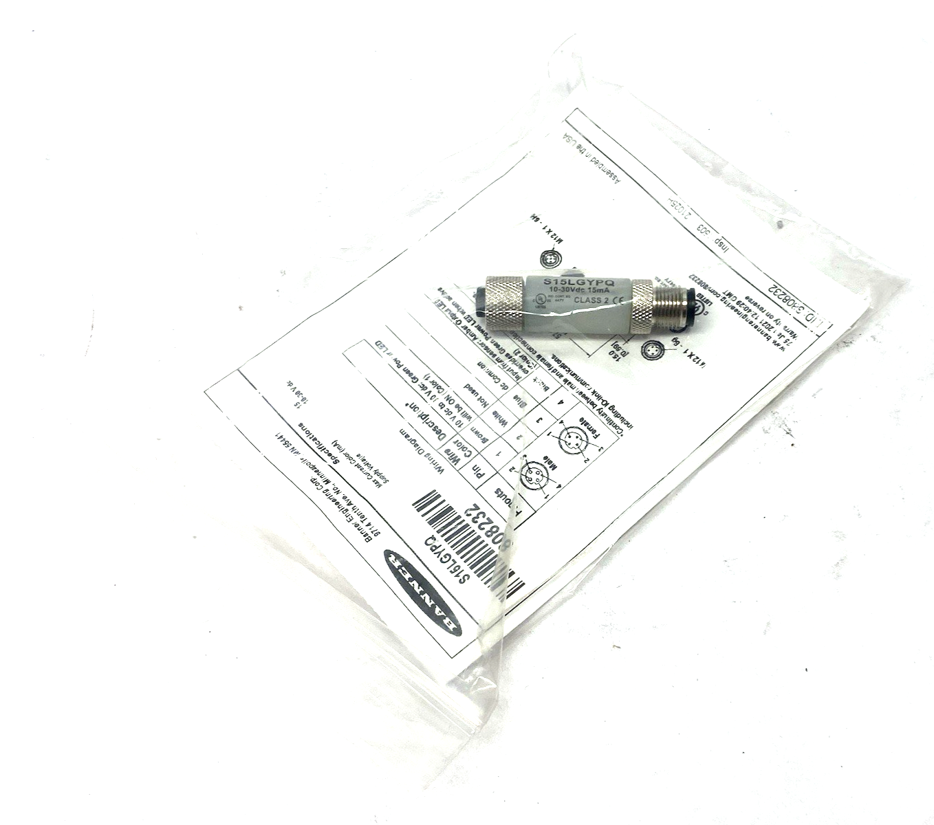 Banner S15LGYPQ 2-Color In-Line Sensor Status Indicator Male-Female 4-pin 808232 - Maverick Industrial Sales