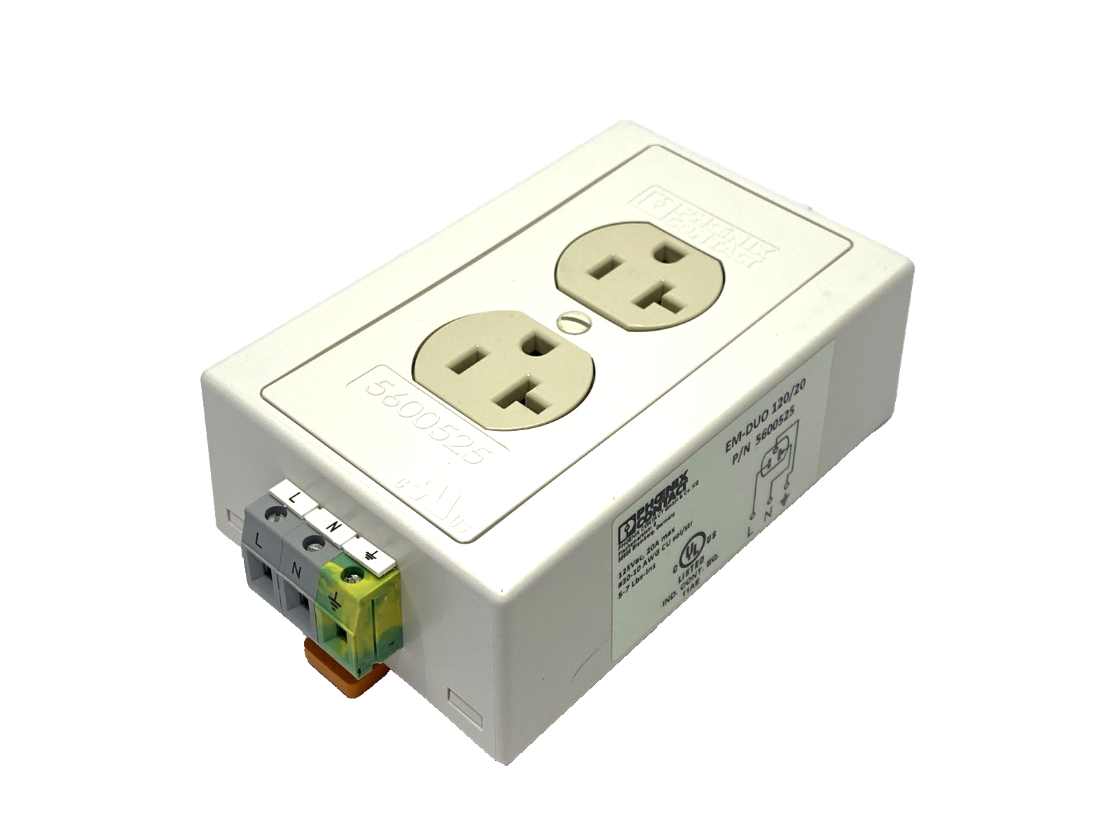 Phoenix Contact EM-DUO 120/20 Female Strip, DIN Rail Outlet 120VAC 20A 5600525 - Maverick Industrial Sales
