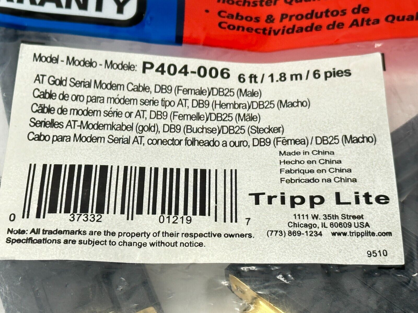 Tripp Lite P404-006 AT Serial Modem Gold Cable DB9/F - DB25/M 6ft - Maverick Industrial Sales