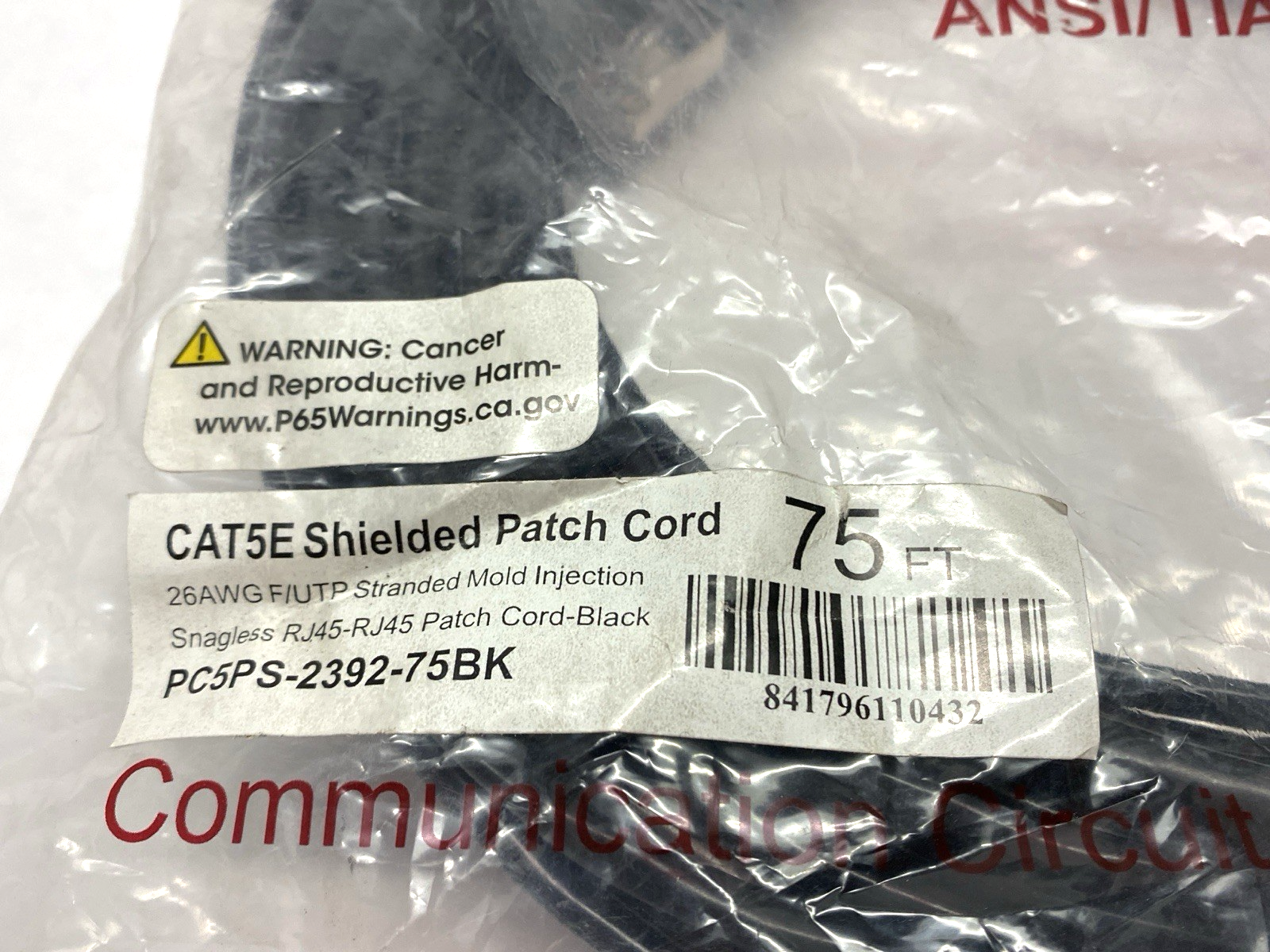 PC5PS-2392-75BK Snagless Double-Ended RJ45 Connectors Patch Cordset 75' - Maverick Industrial Sales