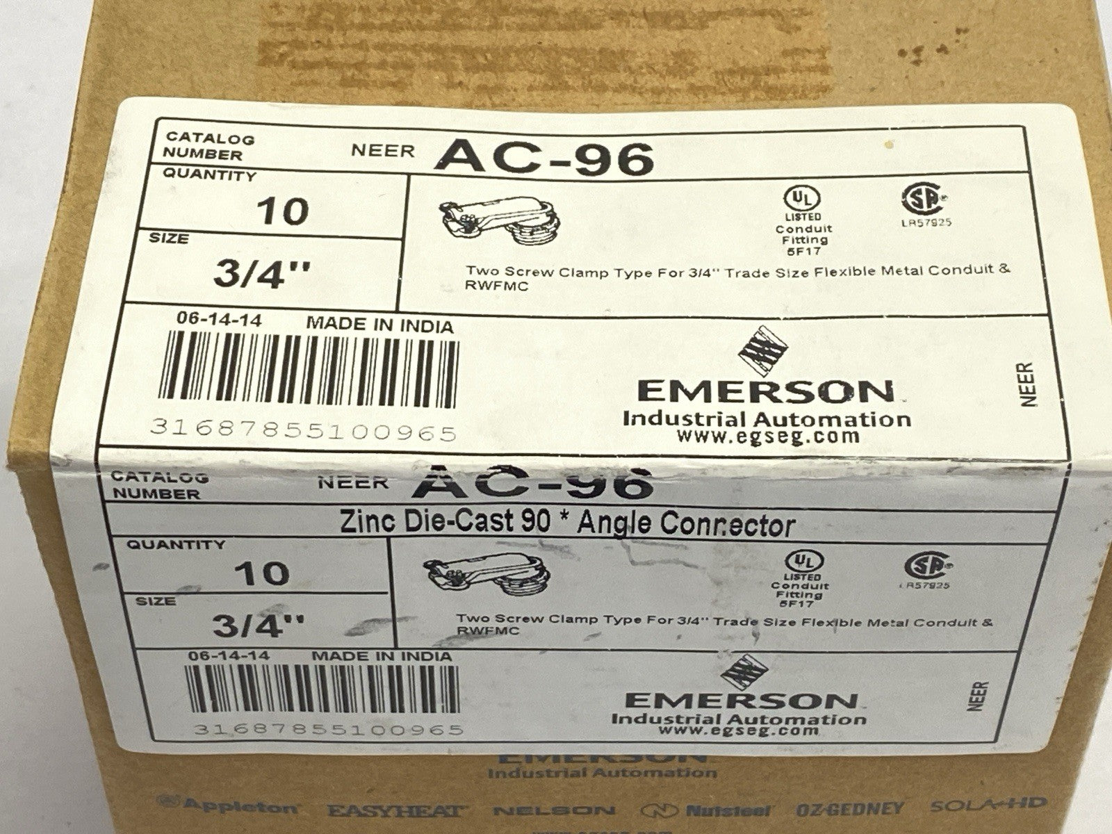 Emerson AC-96 Zinc Die-Cast 90 Degree Angle Connector 3/4" LOT OF 8 - Maverick Industrial Sales