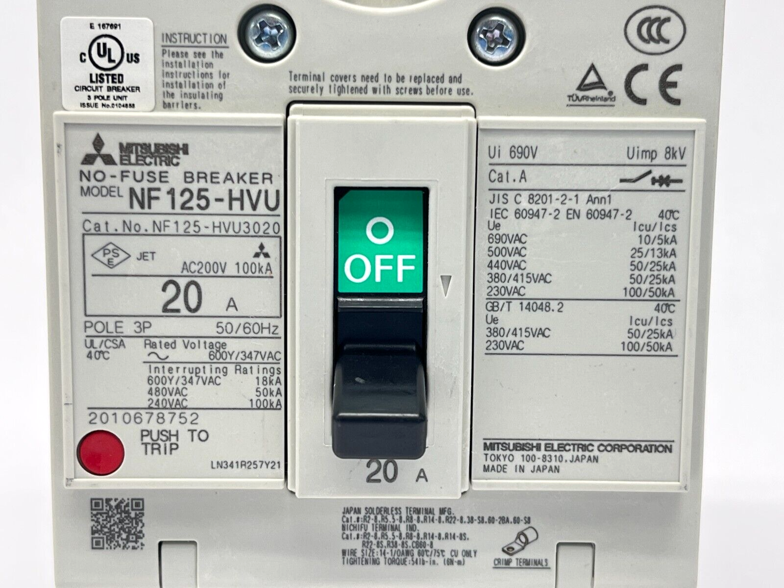 Mitsubishi NF125-HVU3P20A Molded Case No-Fuse Circuit Breaker 20A 600Y/347VAC 3P - Maverick Industrial Sales