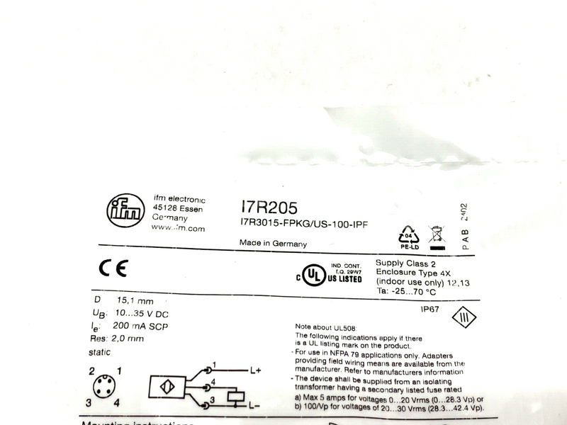 Ifm I7R205 Inductive Ring Sensor I7R3015-FPKG/US-100-IPF - Maverick Industrial Sales