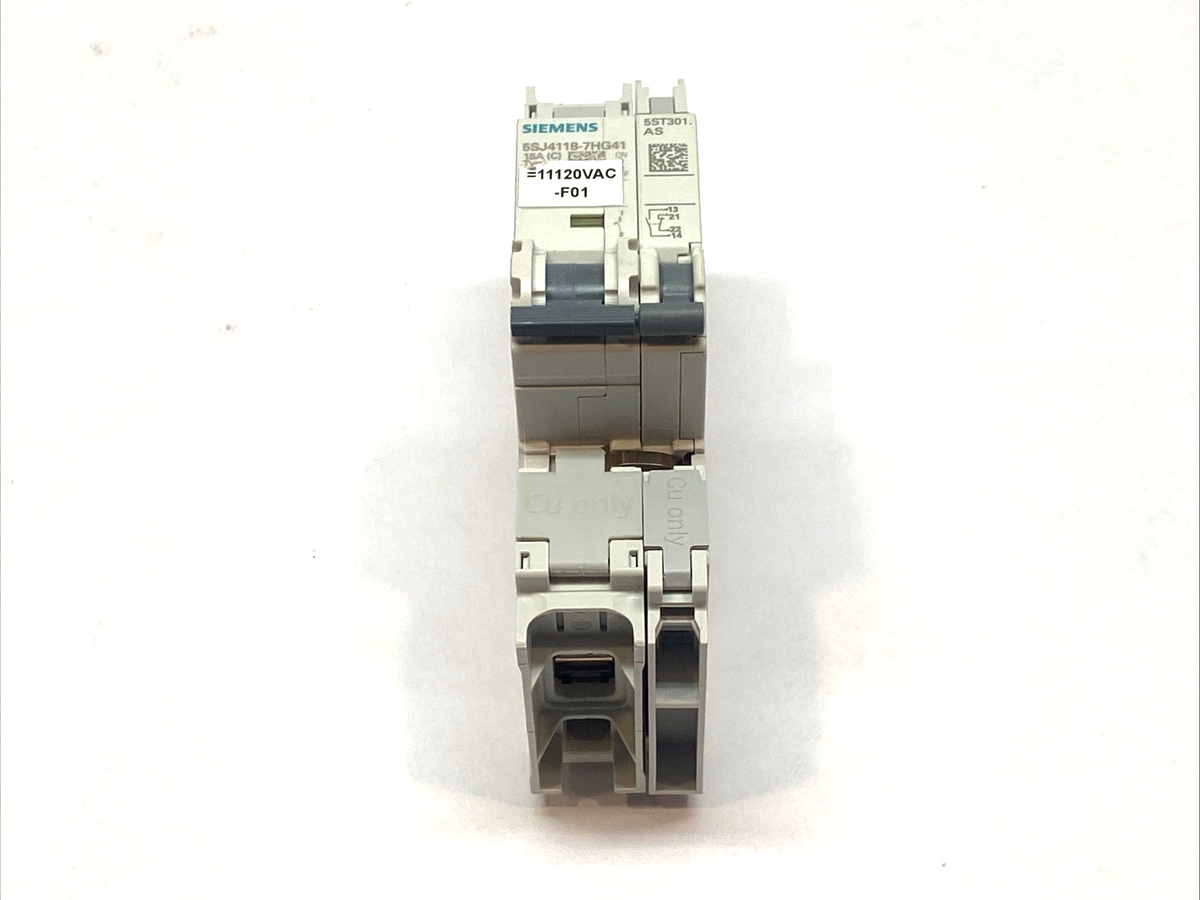 5SJ4118-7HG41,5ST3010-0HG | Siemens 5SJ4118-7HG41 Miniature Circuit Breaker w/ 5ST3010-0HG Auxiliary Switch - Used - Maverick Industrial Sales