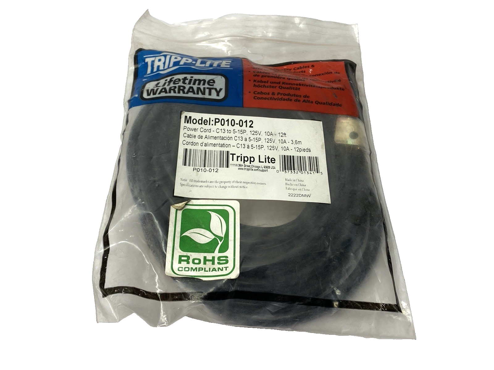 Tripp Lite P010-012 Desktop Computer Power Cable 5-15P to C13 125V 12ft - Maverick Industrial Sales