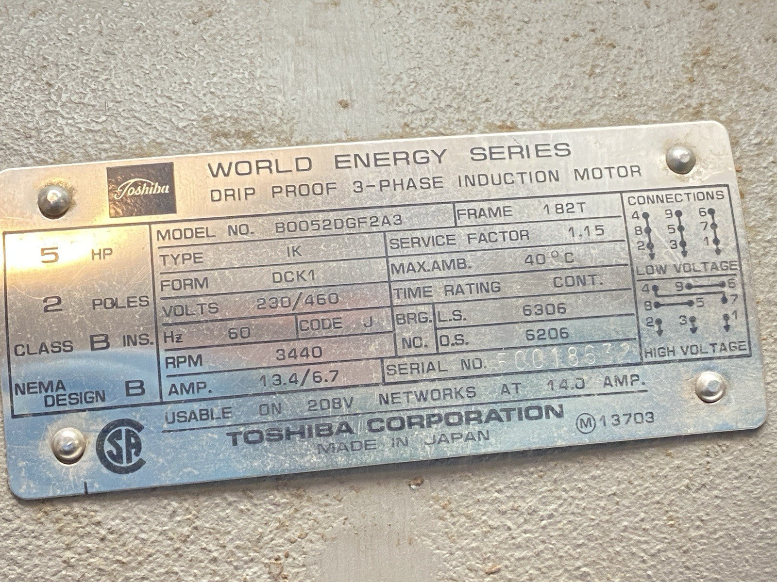 B0052DGF2A3 | Toshiba Induction Motor 3-Phase 3440RPM 13.4/6.7A 230/480VAC - New – Open box - Maverick Industrial Sales
