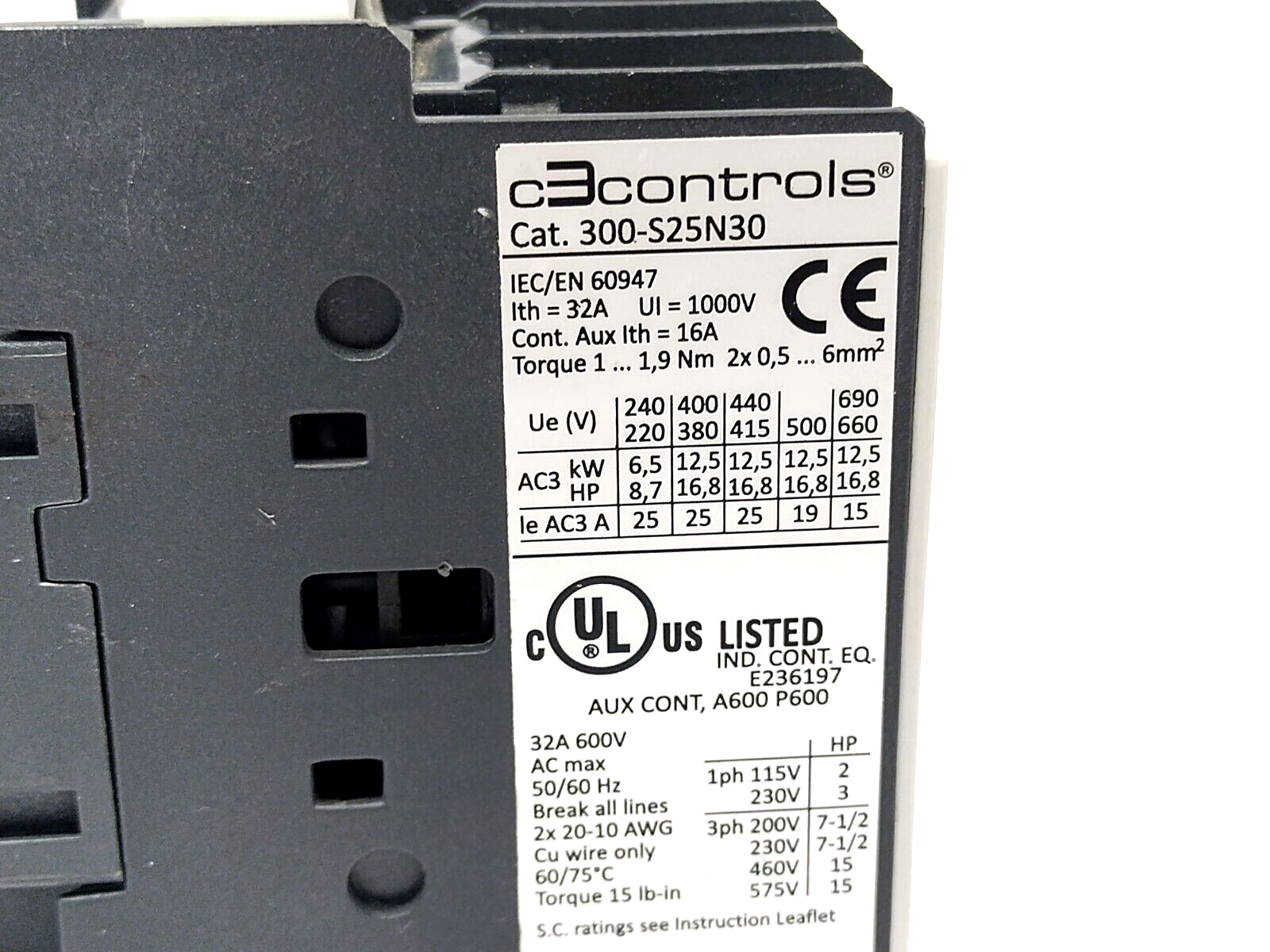 C3 Controls 300-S25N30ZC10 Contactor 3P 25A 24VDC CHIPPED PLASTIC - Maverick Industrial Sales