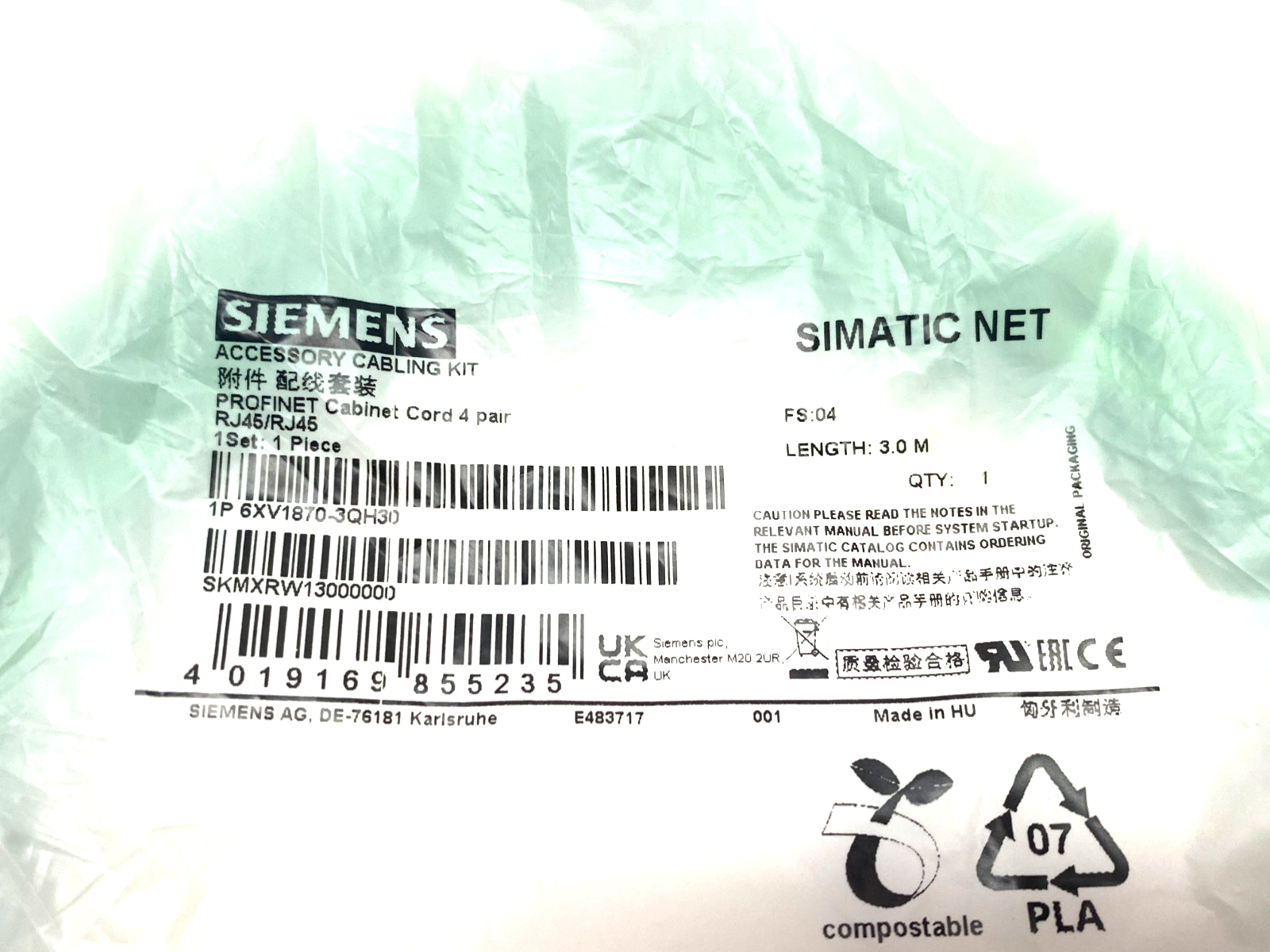 Siemens 6XV1870-3QH30 PROFINET Ethernet TP Cordset RJ45/RJ45 CAT6A 3m - Maverick Industrial Sales