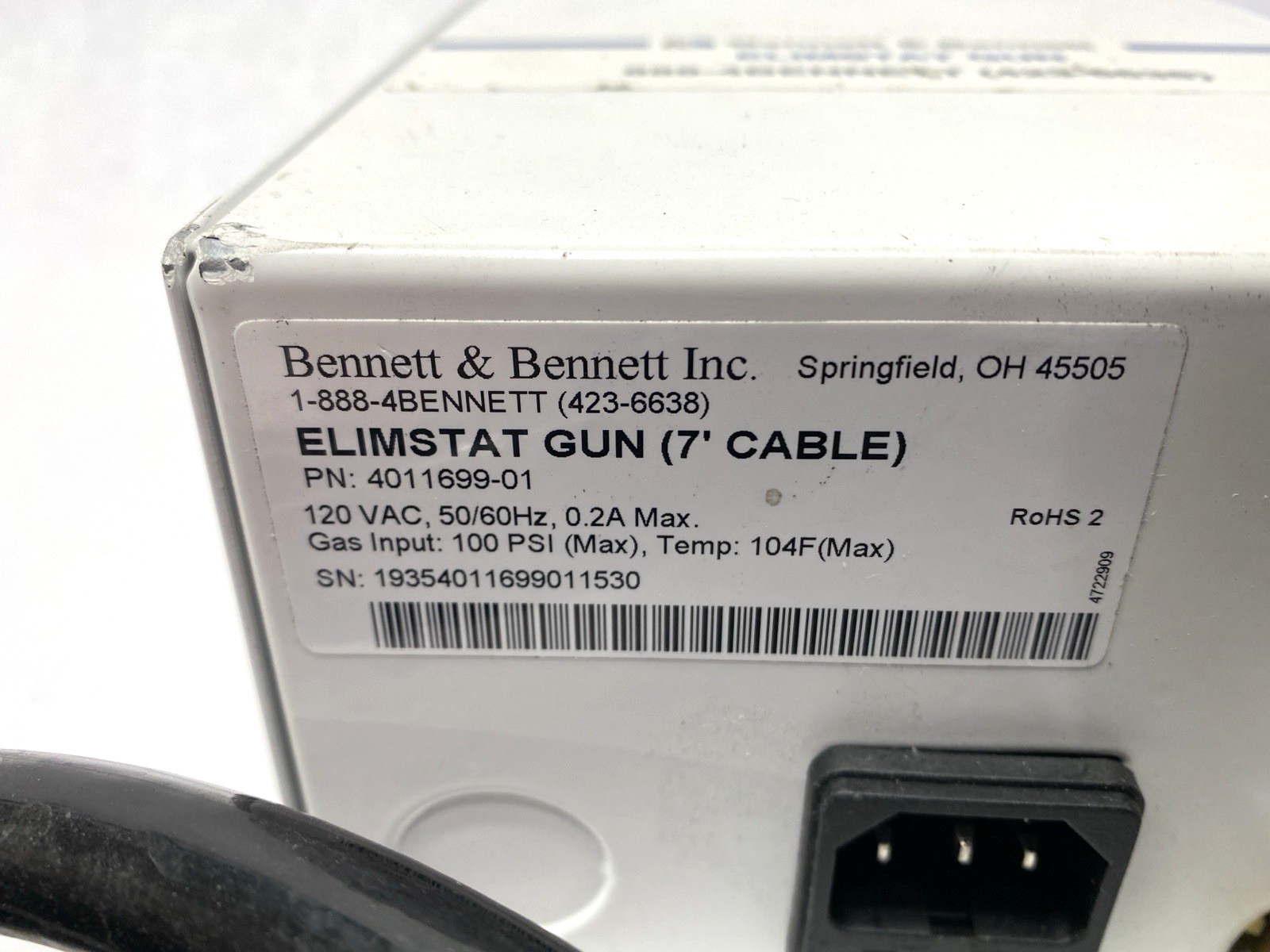 Bennet & Bennett 4011699-01 Elimstat Gun 7' Cable 120VAC MISSING HEX NUT - Maverick Industrial Sales