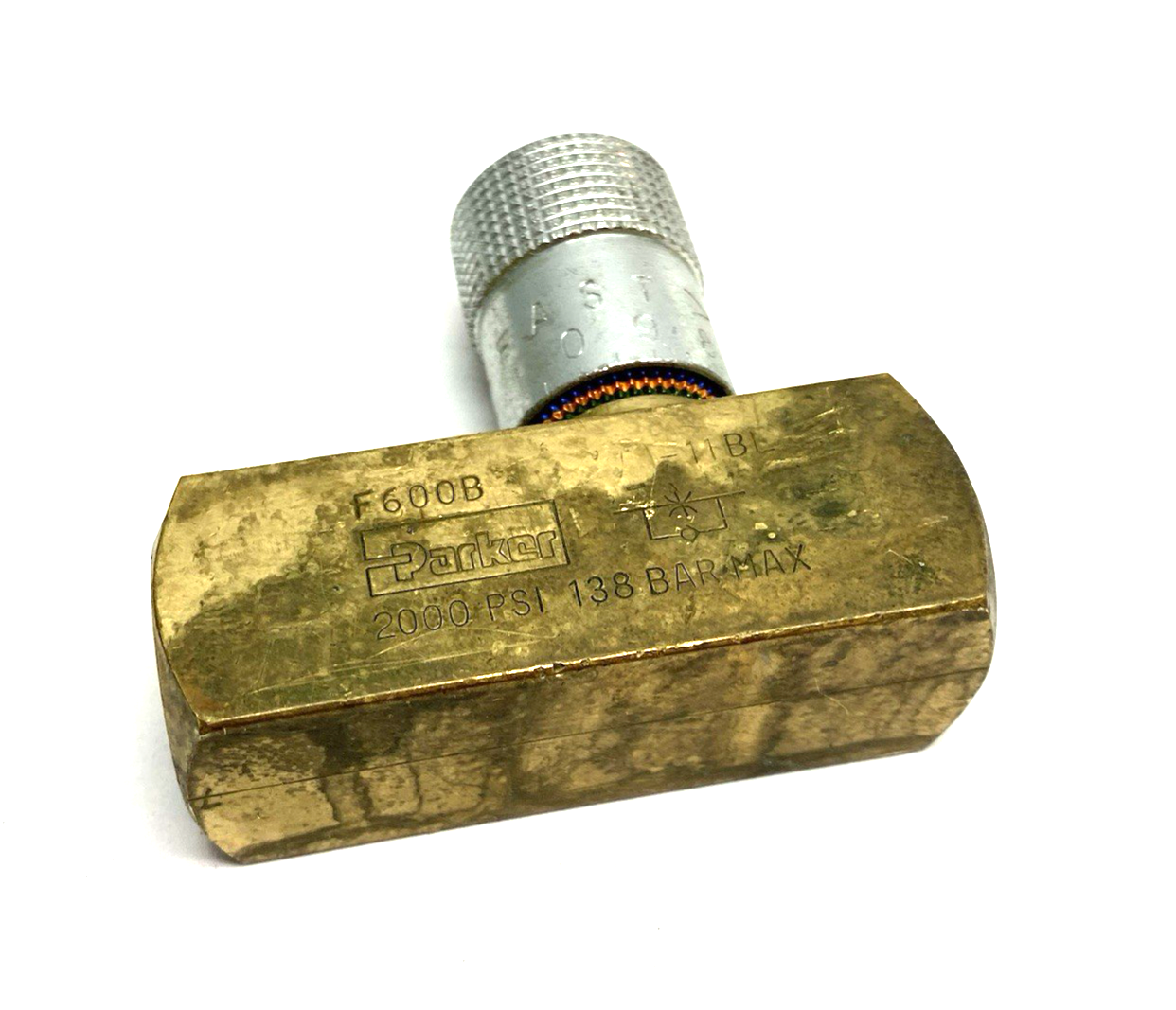 F600B | Parker Colorflow Brass In-line Flow Control Valve 2000psi - Used - Maverick Industrial Sales