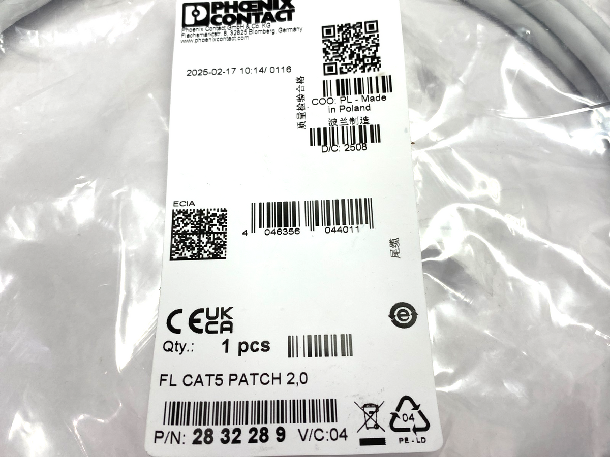 2832289 | Phoenix Contact FL CAT5 PATCH 2,0 Double Ended Patch Cable RJ45 Male - New - Maverick Industrial Sales