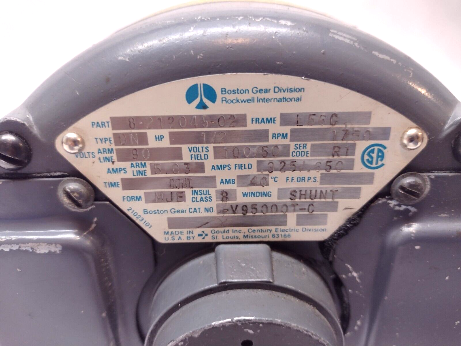 V95000T-C, 6-212045-02 | Gould Boston Gear V95000T-C L56C 90V 1760RPM 1/2 HP 6-212045-02 Electric Motor - For parts or not working - Maverick Industrial Sales