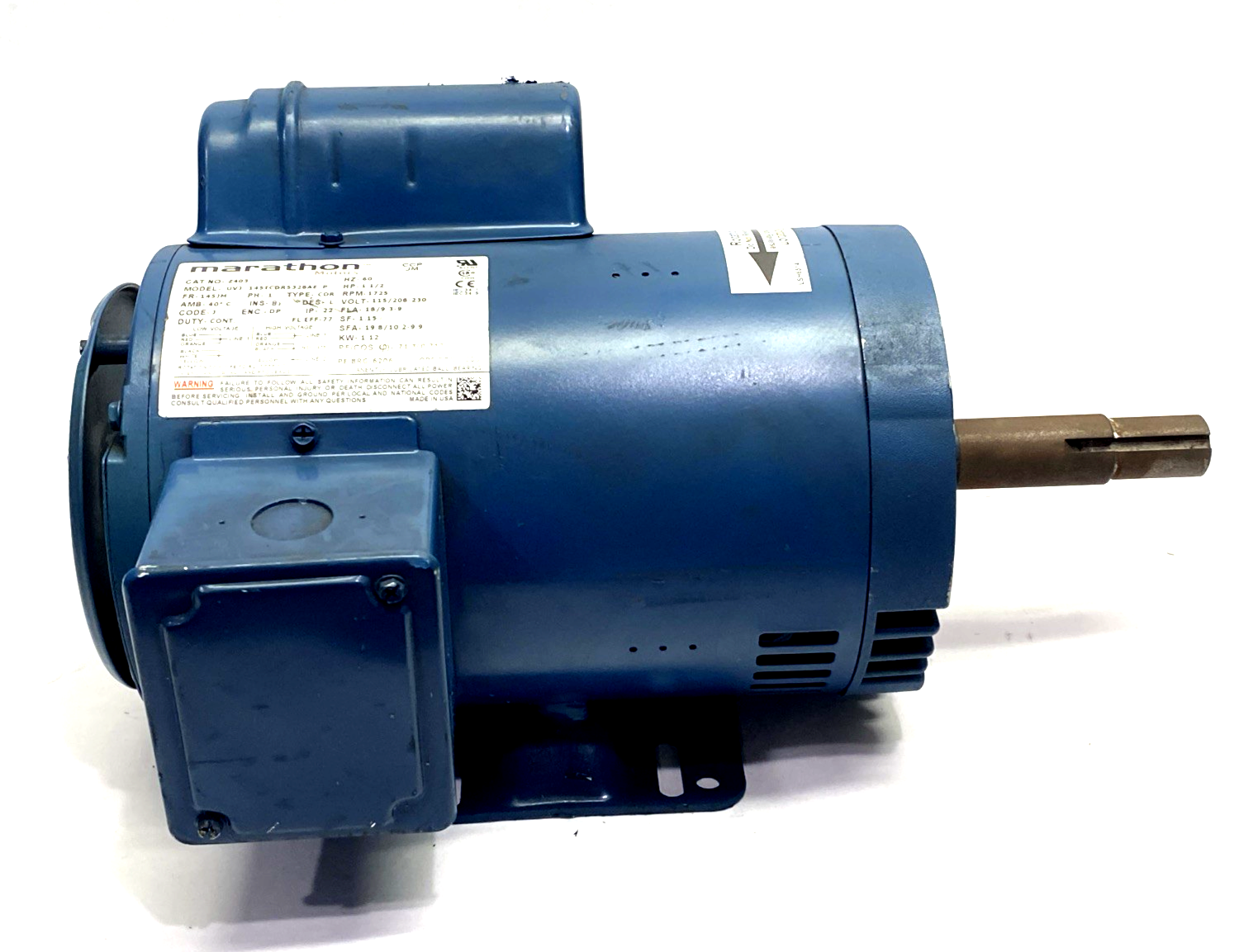 Z403 | Marathon Motor 1PH 1-1/2 HP 115/208-230V UVJ 145TCDR5328AE P, BENT FOOT - Used - Maverick Industrial Sales