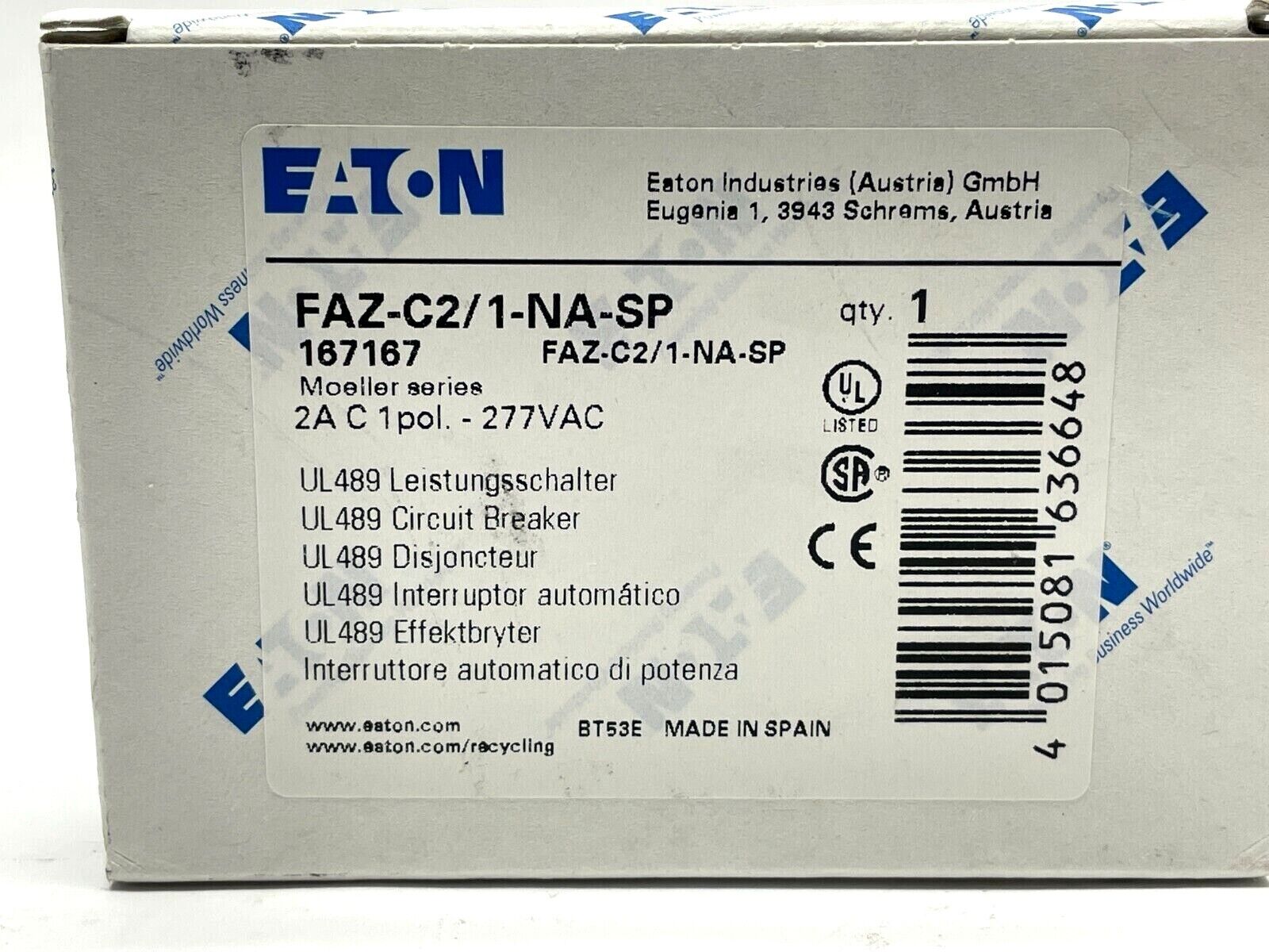 Eaton FAZ-C2/1-NA-SP Circuit Breaker 2A 1-Pole 277VAC - Maverick Industrial Sales