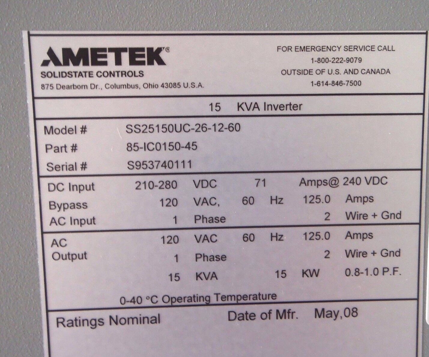 Ametek SolidState Controls 85-IC0150-45 15 KVA Power Inverter SS25150UC-26-12-60 - Maverick Industrial Sales