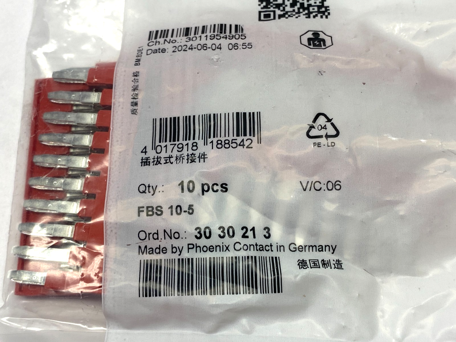 FBS 10-5 | Phoenix Contact Plug-In Bridge 10-Pos 23mm Length 3030213 PKG OF 10 - New - Maverick Industrial Sales