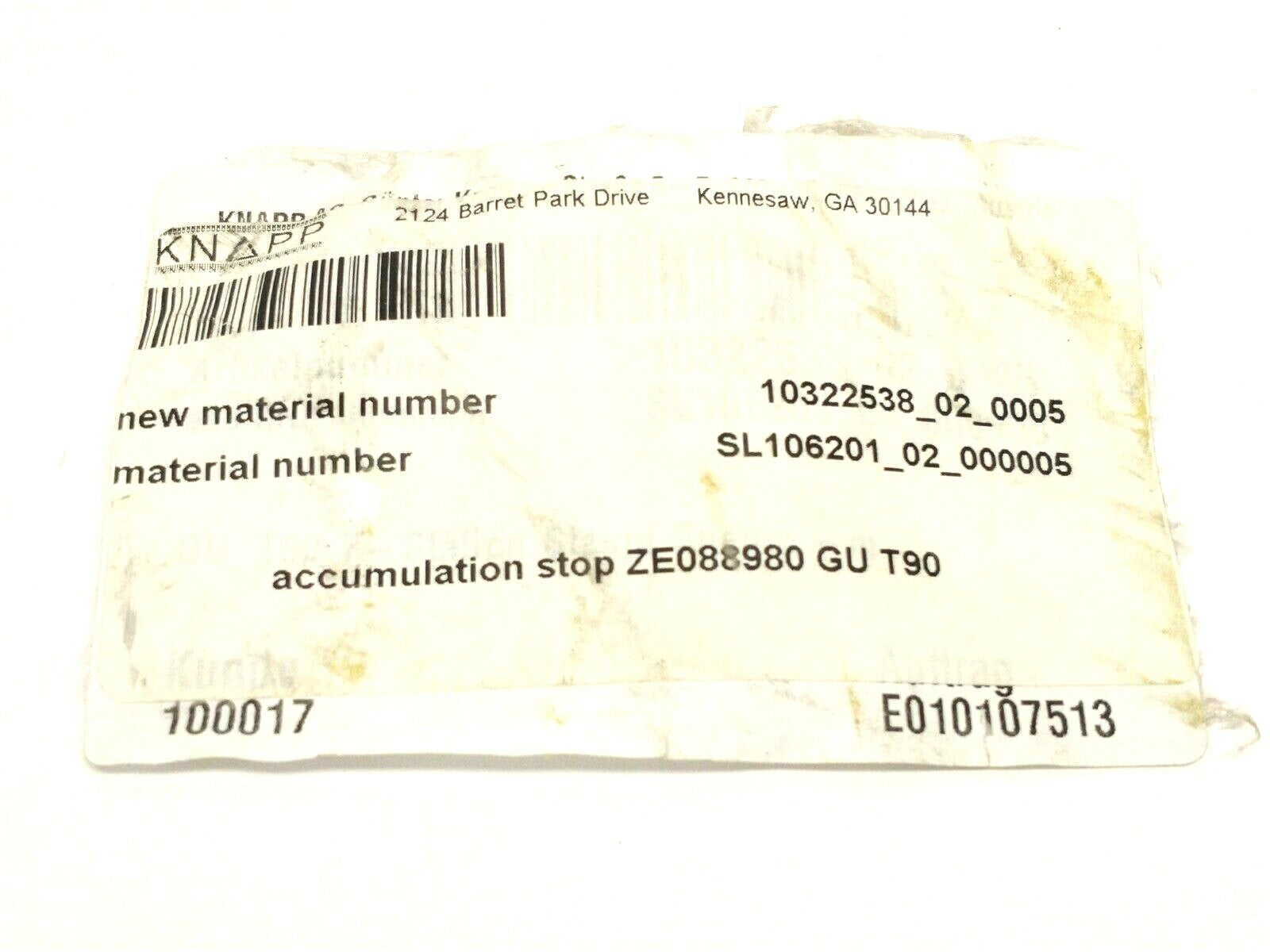 Knapp ZE088980 GU T90 Accumulation Stop 10322538_02_0005 SL106201_02_000005 - Maverick Industrial Sales