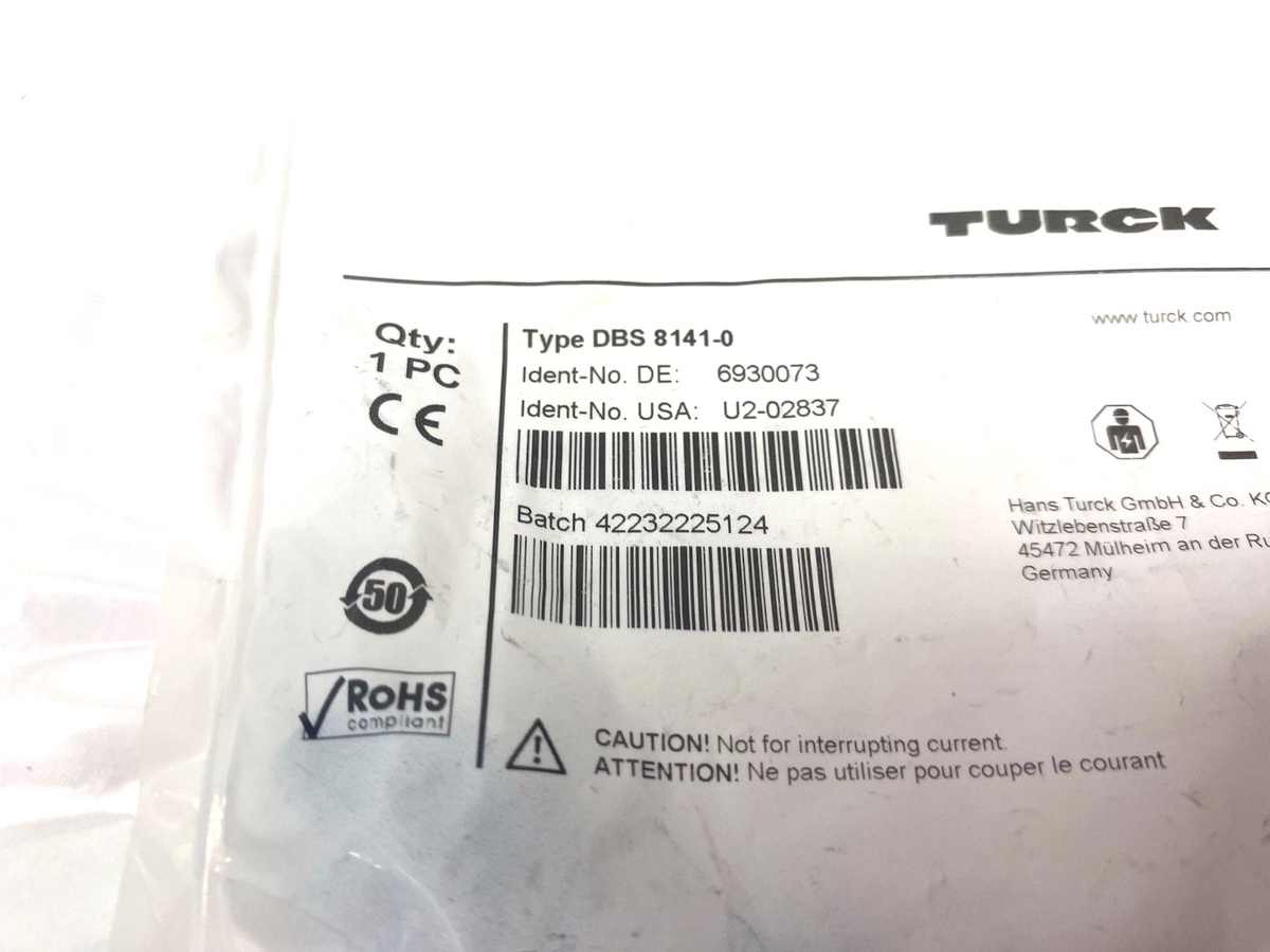 DBS 8141-0 | Turck Field Wireable Connector M12 4-pin Male, U2-02837, 6930073 - New - Maverick Industrial Sales