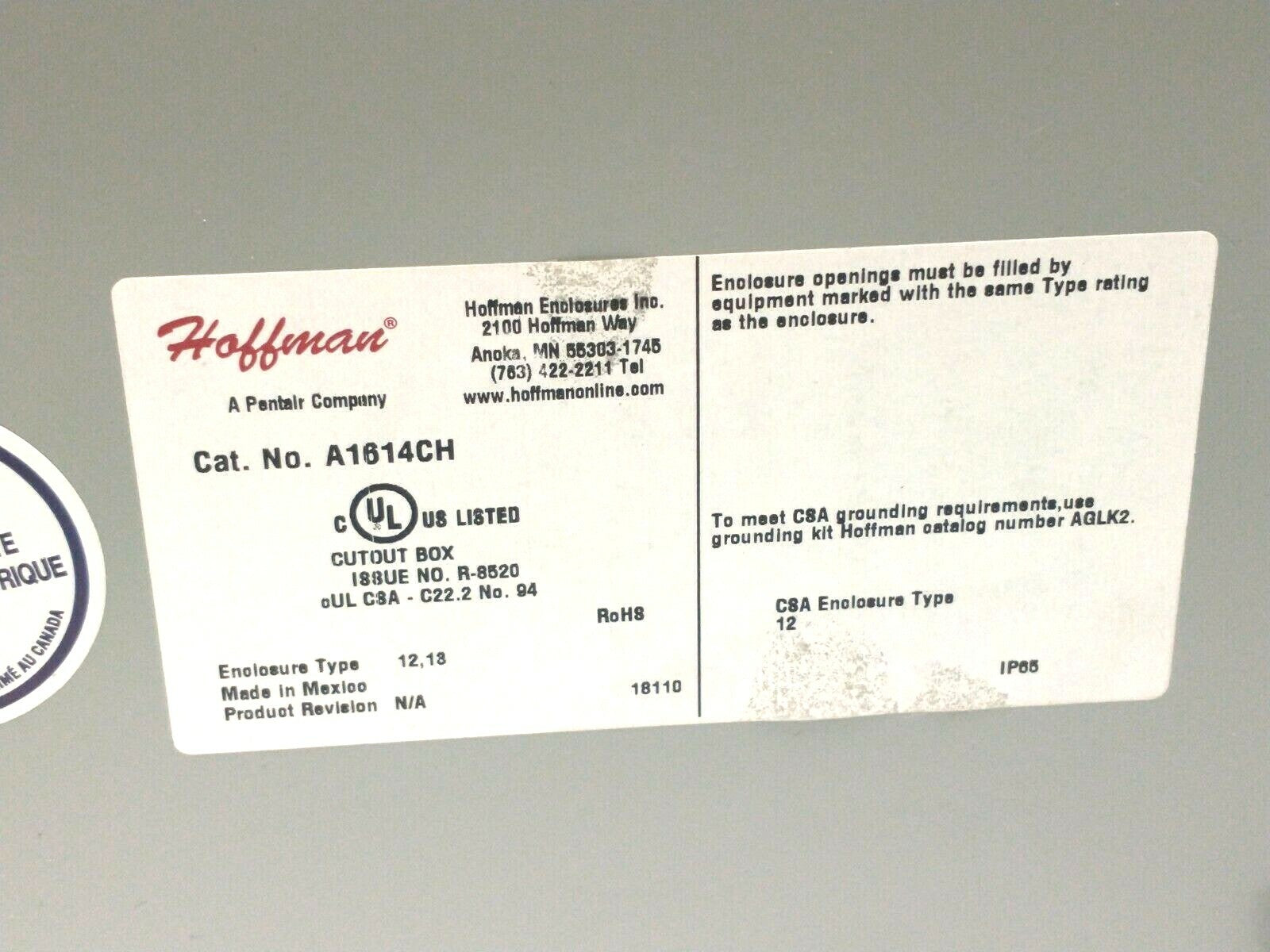 Hoffman A1614CH White Industrial Control Panel Enclosure 16"x14"x6" NO LATCHES - Maverick Industrial Sales