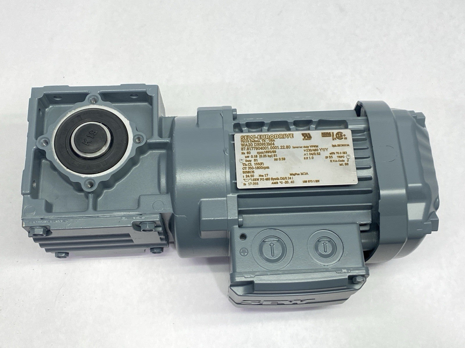 Sew-Eurodrive WA20 DRN63M4 Gearmotor 1695/69rpm 1.04/0.52A 230/460V 0.25HP - Maverick Industrial Sales