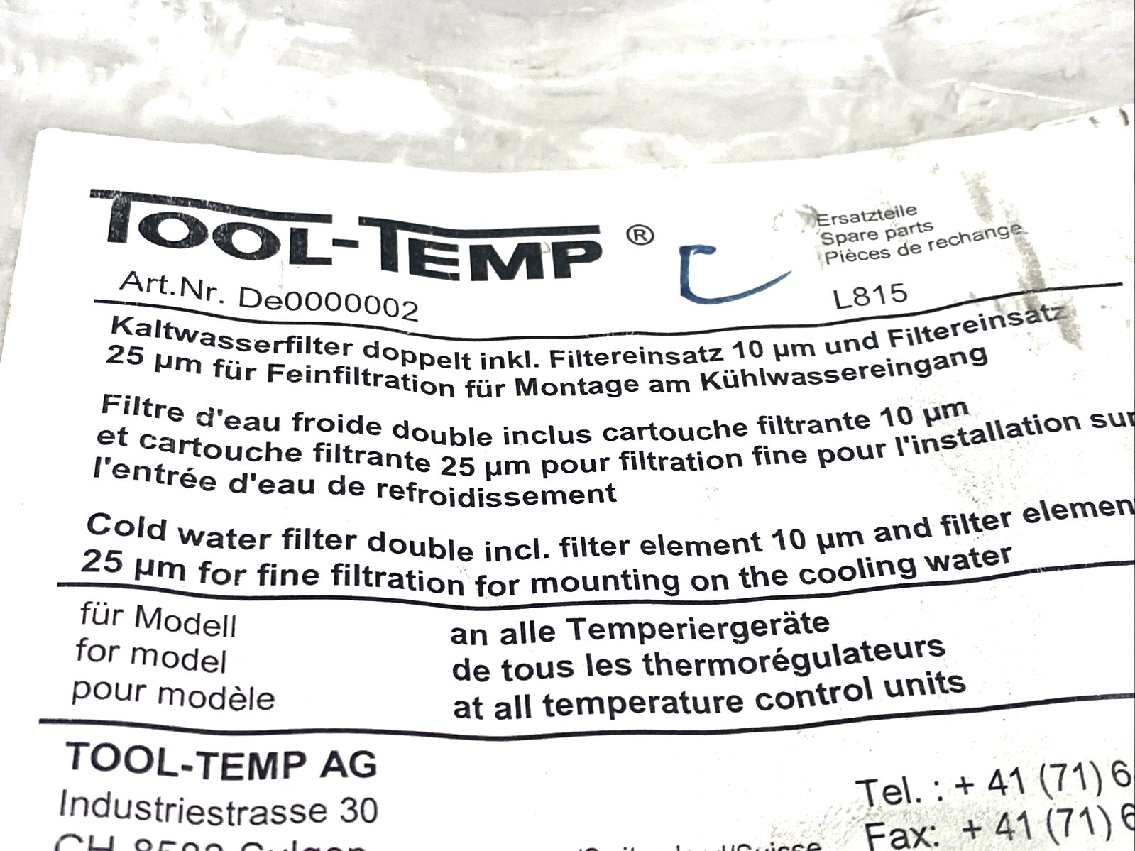 TOOLTEMP De0000002 Cold Water Filter 10 Micron & 5 Micron Dual Element L815 - Maverick Industrial Sales