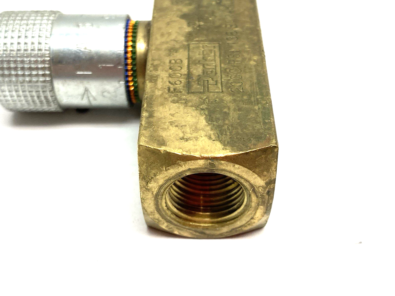 F600B | Parker Colorflow Brass In-line Flow Control Valve 2000psi - Used - Maverick Industrial Sales