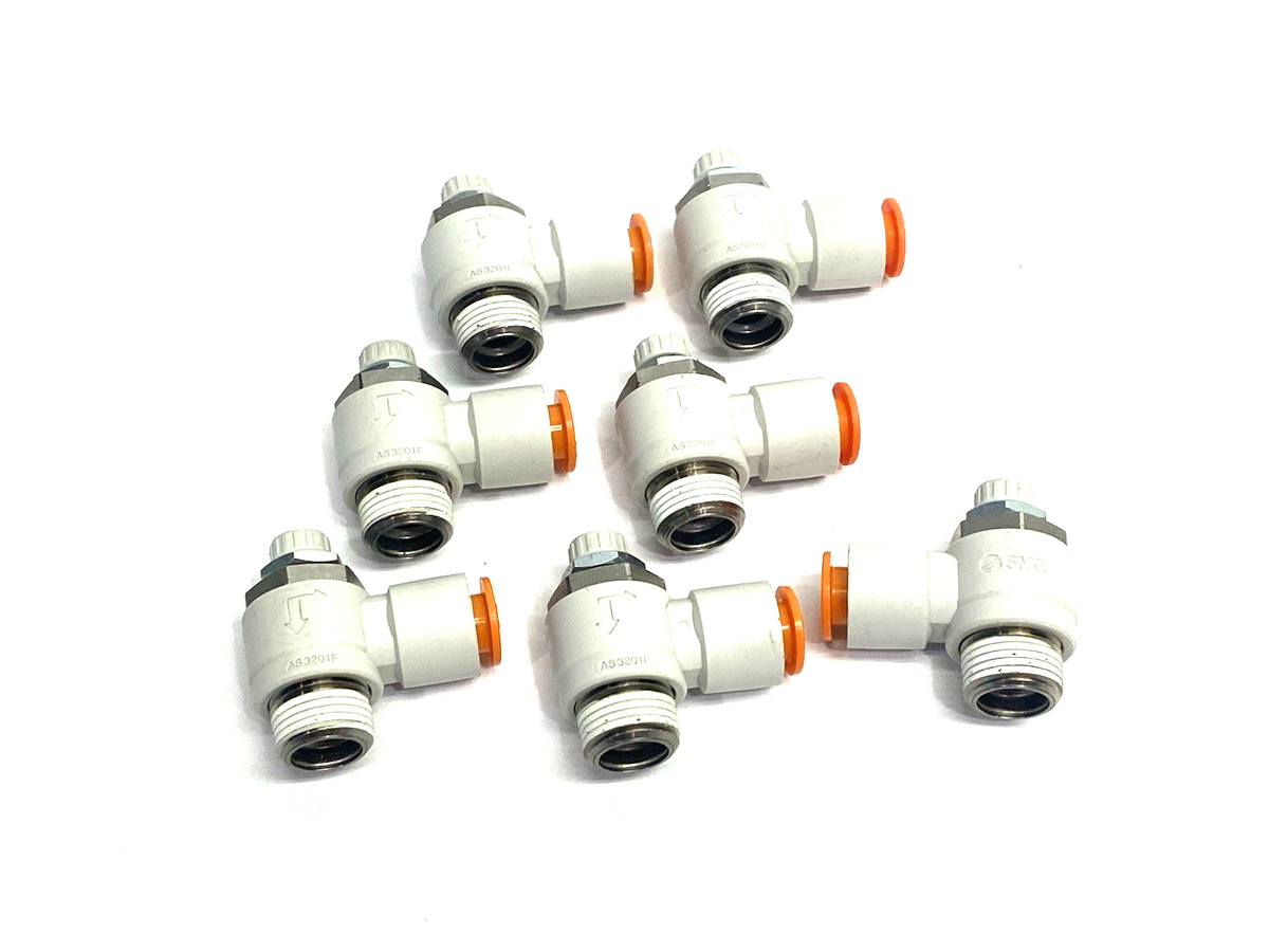 SMC AS3201F-N03-11 Pneumatic Flow Control Elbow Fitting 3/8" Tube OD, LOT OF 7 - Maverick Industrial Sales