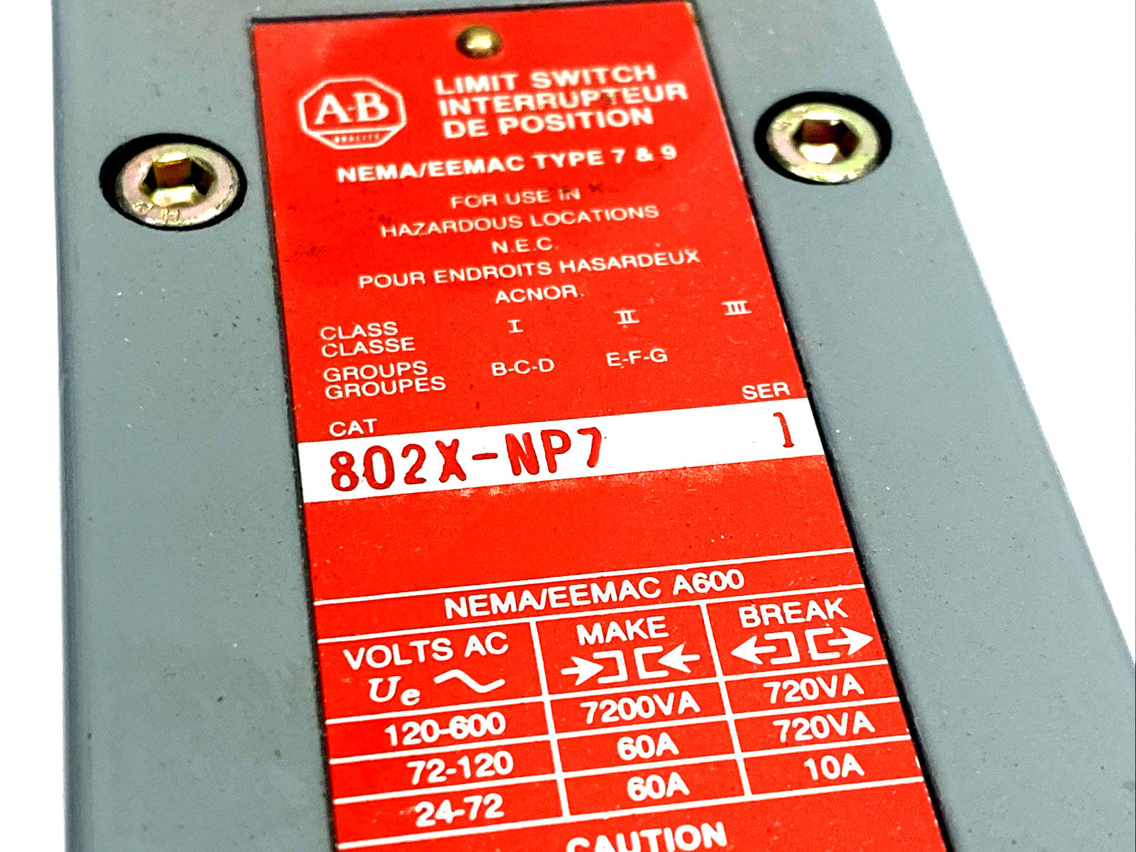 802X-NP7 | Allen Bradley Ser. 1 Limit Switch Lever Type, NEMA Type 4 & 13 Oiltight - New – Open box - Maverick Industrial Sales