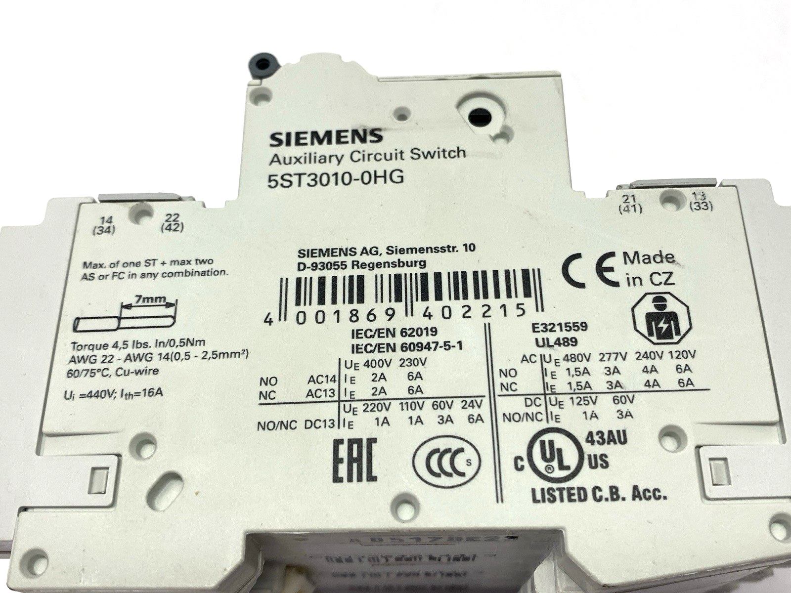 Siemens 5SJ4360-7HG41 Miniature Circuit Breaker 3P 60A w/ 5ST3010-0HG Switch - Maverick Industrial Sales