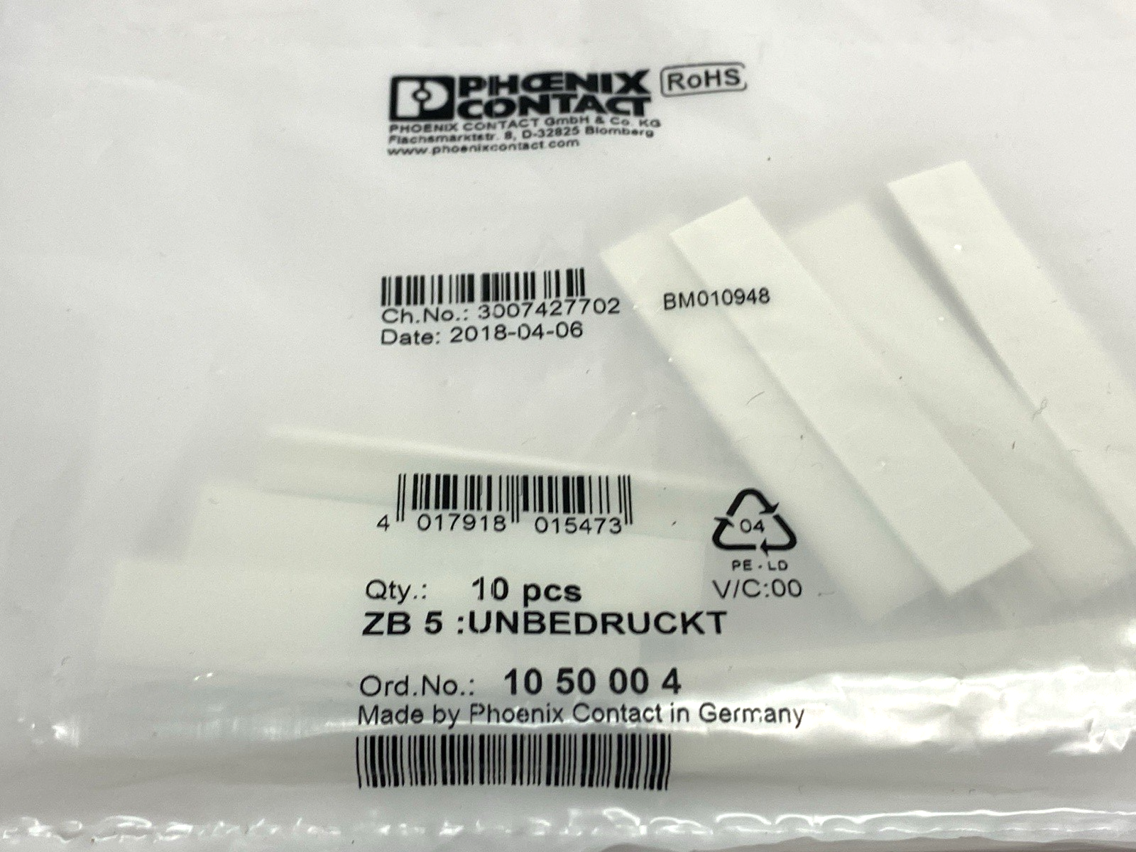 Phoenix Contact ZB 5 :UNBEDRUCKT Terminal Block Marker Strip 1050004 LOT OF 40 - Maverick Industrial Sales