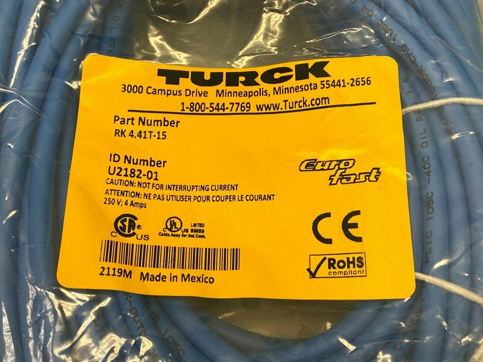 Turck RK 4.41T-15 EuroFast Cordset U2182-01 - Maverick Industrial Sales