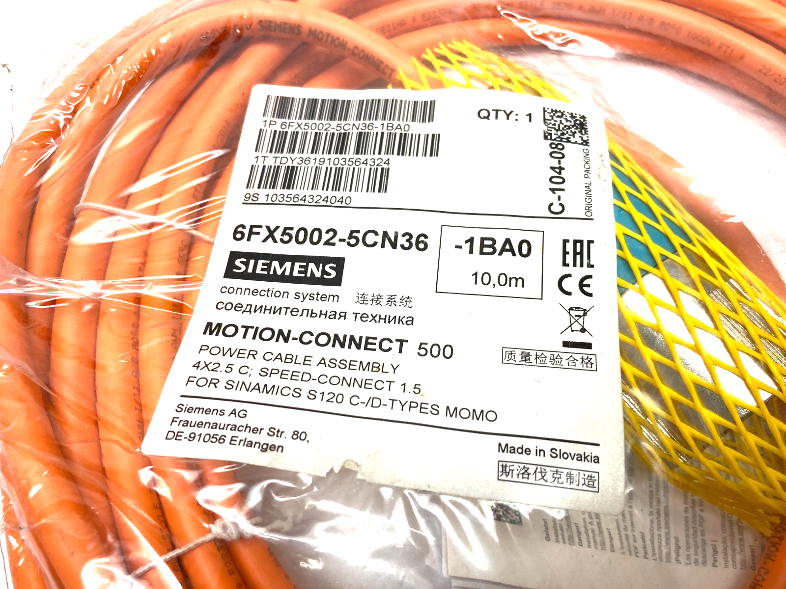 Siemens 6FX5002-5CN36-1BA0 MOTION-CONNECT 500 Power Cable Assembly 10m - Maverick Industrial Sales