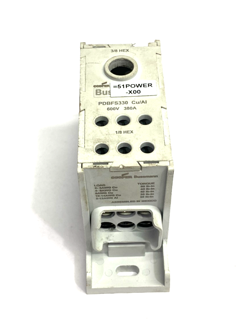 Cooper Bussmann PDBFS330 Power Distribution Block 600V 380A NO TOP TERMINAL LUG - Used - Maverick Industrial Sales