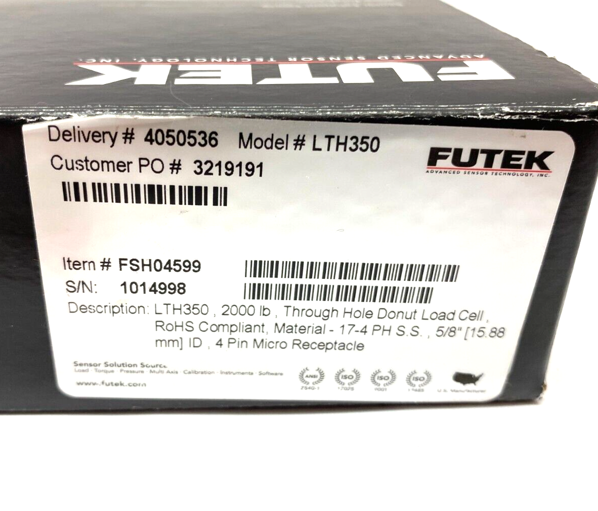 Futek LTH350 FSH04599 Through-Hole Donut Load Cell 5/8" 4-Pin 2000lb Capacity - Maverick Industrial Sales