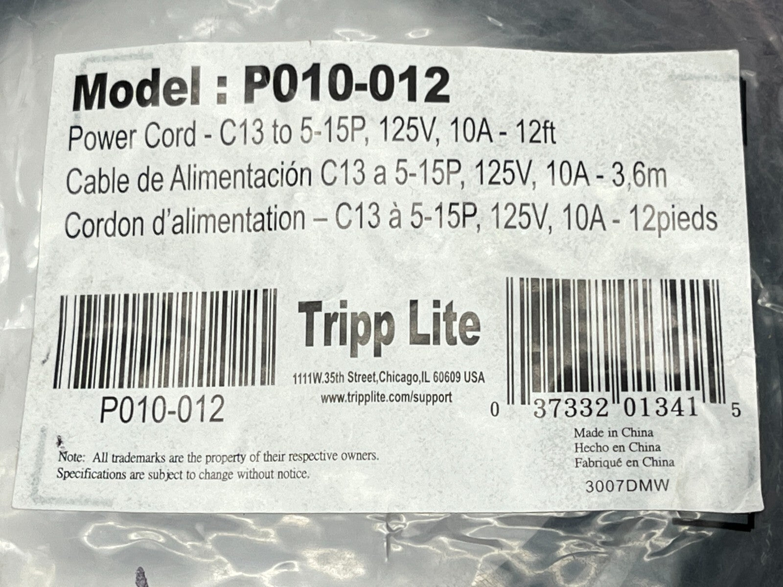 Tripp Lite P010-012 Power Cord Cable C13 to 5-15P 10A 125V 12ft Length - Maverick Industrial Sales