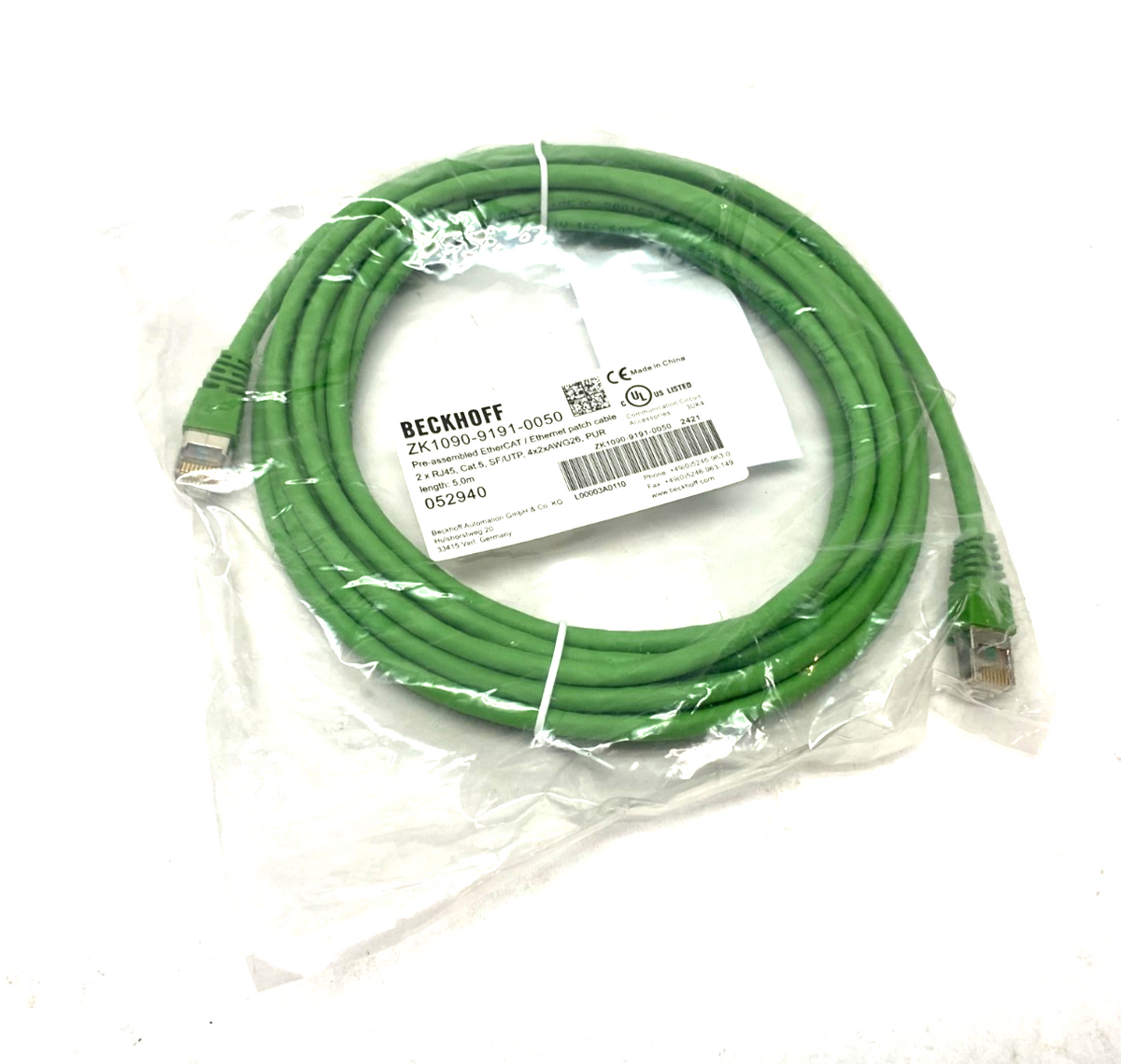 ZK1090-9191-0050, 052940 | Beckhoff ZK1090-9191-0050 Ethernet/EtherCAT Patch Cable 2 x RJ45 5m 052940 - New - Maverick Industrial Sales