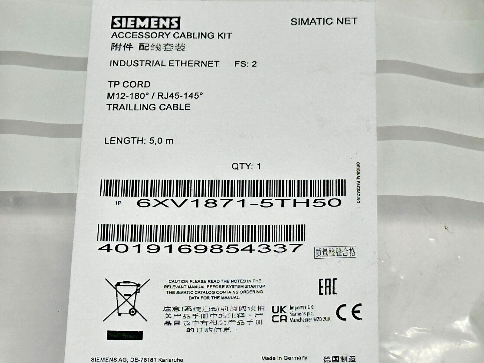 Siemens 6XV1871-5TH50 Industrial Ethernet TP Cord 5m - Maverick Industrial Sales