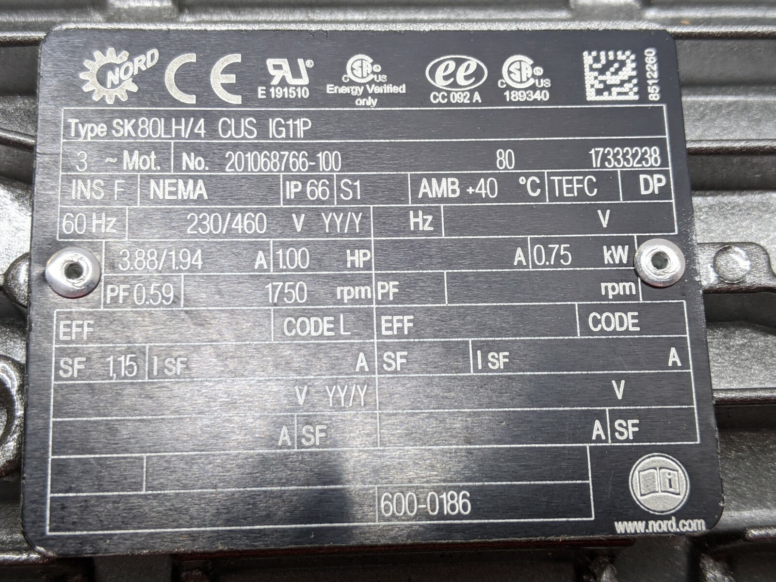 Nord SK 92072AZD-80LH/4 CUS IG11P Electric Gearmotor 1HP 1750RPM - Maverick Industrial Sales