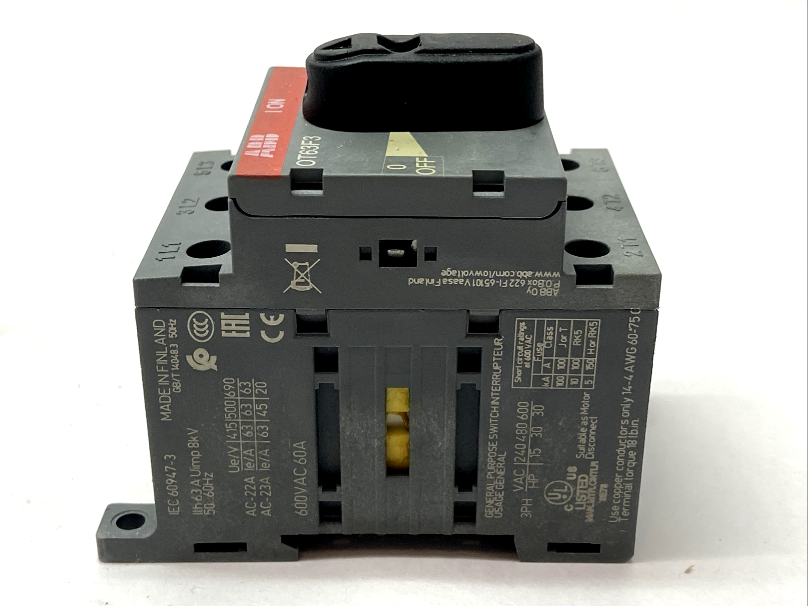 ABB OT63F3 Non-Fused Disconnect Switch 60A 3 Poles 600VAC 1SCA105332R1001 - Maverick Industrial Sales