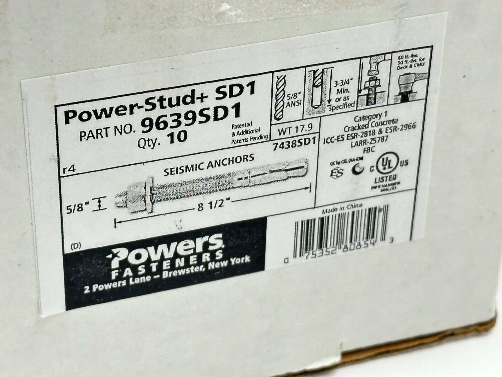 Powers Fasteners 9639SD1 Power-Stud+ SD1 Anchors 5/8" 8-1/2" 7438SD1 LOT OF 10 - Maverick Industrial Sales
