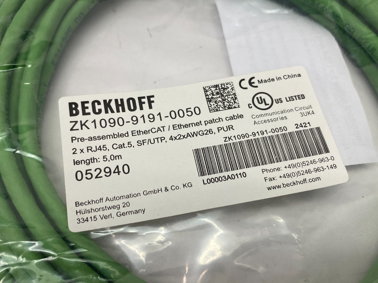 Beckhoff ZK1090-9191-0050 Ethernet/EtherCAT Patch Cable 2 x RJ45 5m 052940 - Maverick Industrial Sales