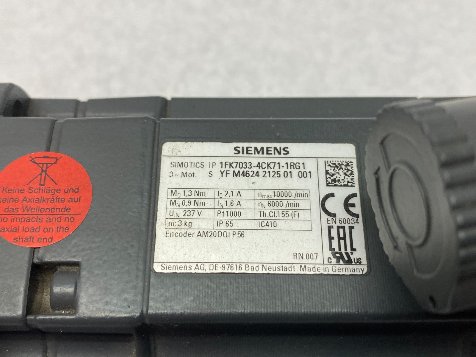 Siemens 1FK7033-4CK71-1RG1 SIMOTICS S Synchronous Motor 1FK7-HD PN=0.57kW - Maverick Industrial Sales