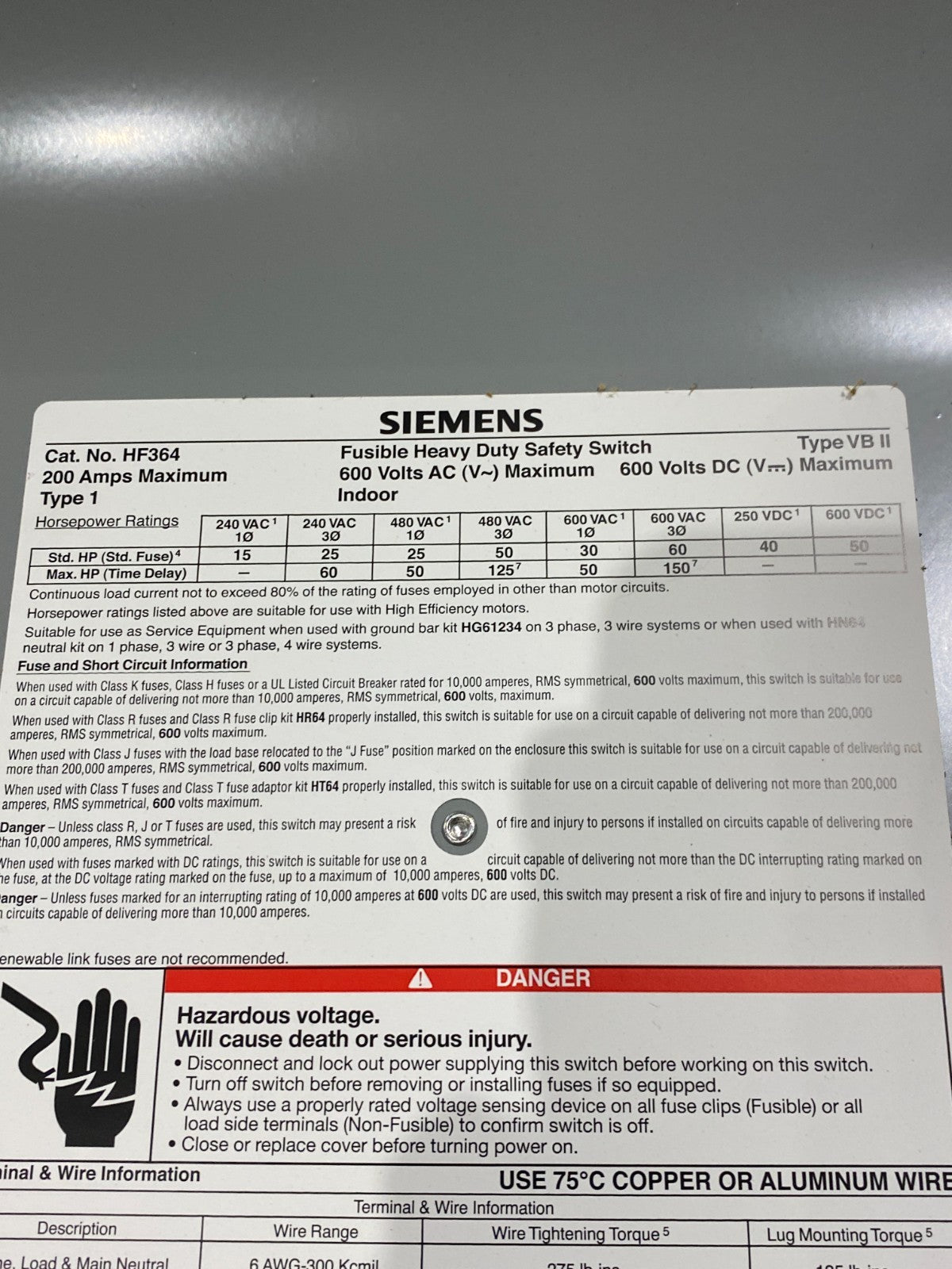 Siemens HF364 Heavy Duty Fusible Disconnect Switch 200A Max Type 1 - Maverick Industrial Sales