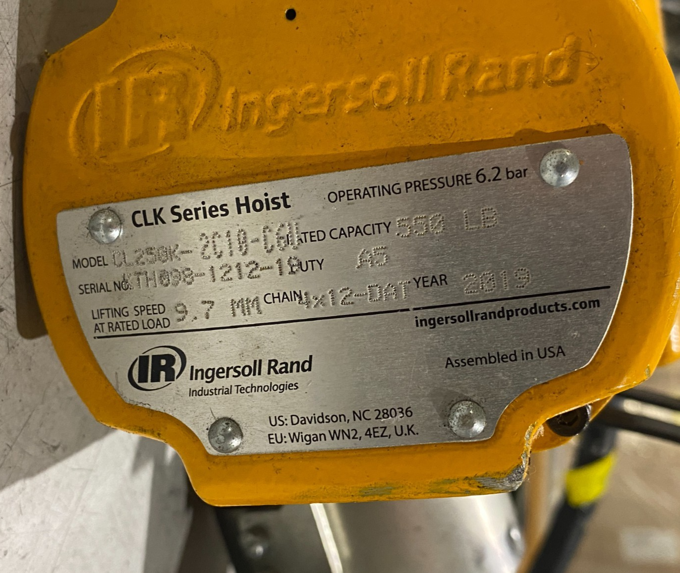Ingersoll Rand CL250K-2C10-C6U Air Chain Hoist 1/4 Ton, 250kg, CLK Series - Maverick Industrial Sales