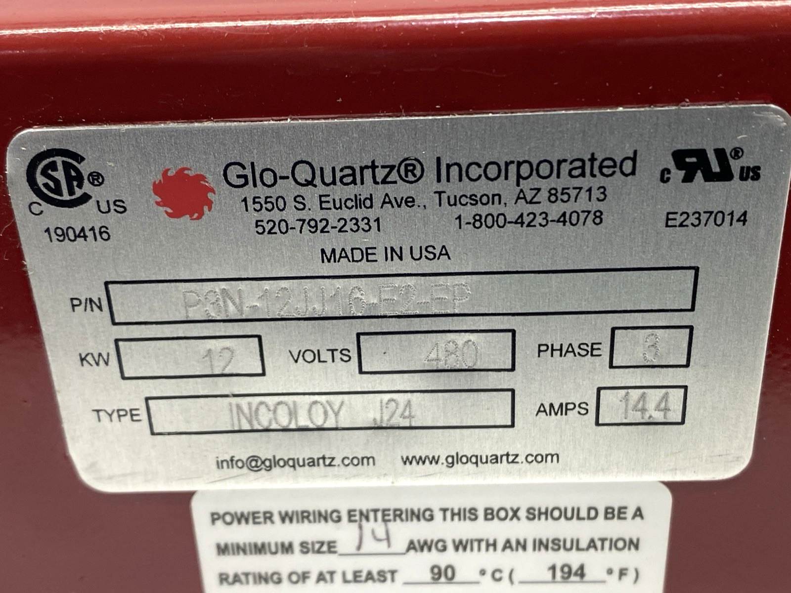 Glo-Quartz P3N-12JJ16-E2-EP Screwplug Electric Immersion Heater 3-Phase 480V - Maverick Industrial Sales