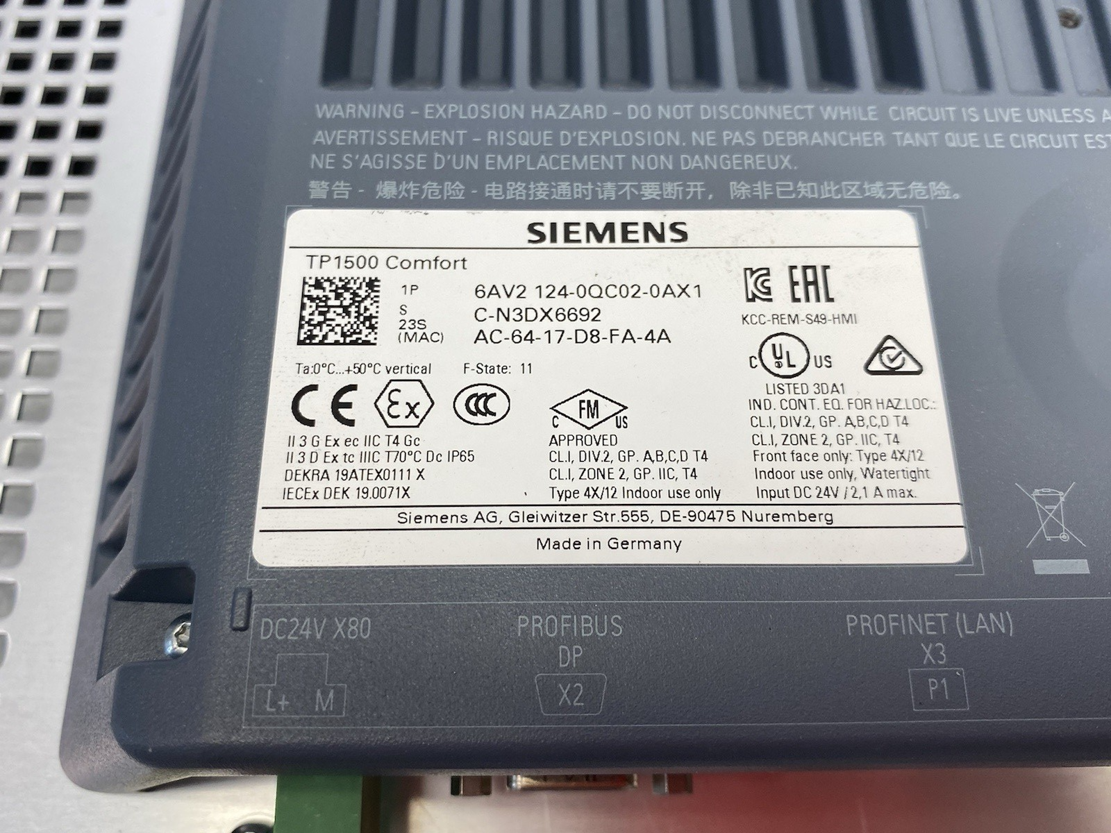 6AV2124-0QC02-0AX1 | Siemens SIMATIC HMI TP1500 Comfort Touch Panel SCREEN DAMAGE - Used - Maverick Industrial Sales